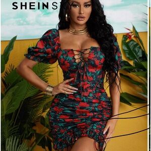 Ruffle Hem Lace Up Zipper Dress